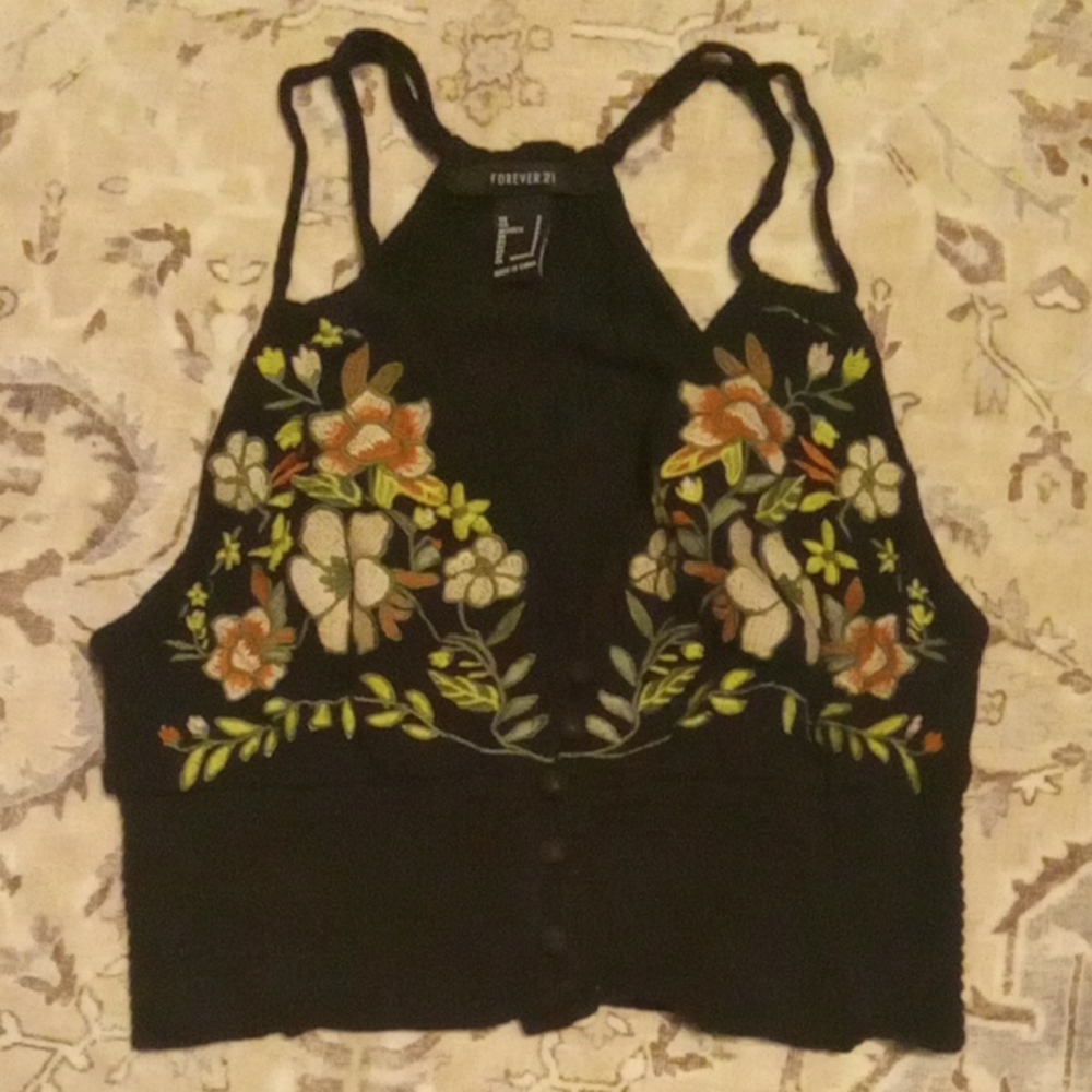 Forever 21 Black Floral Embroidered Halter Crop Top